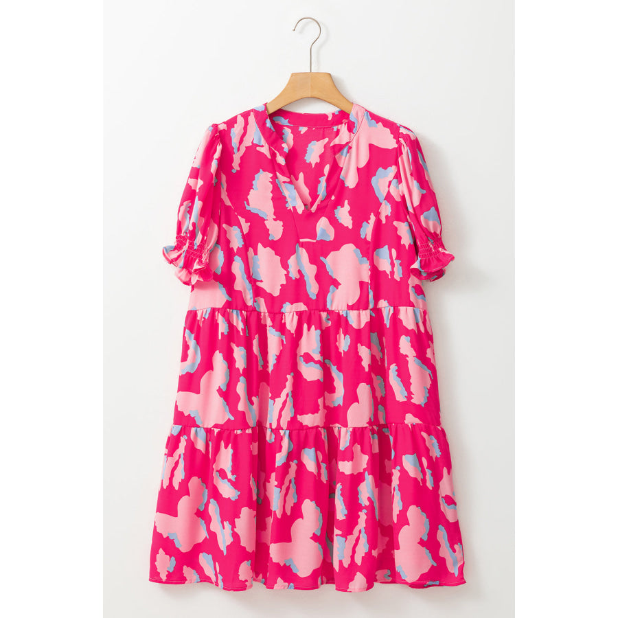 Pink Abstract Printed Puff Short Sleeve Tiered Loose Dress Dresses/Mini Dresses