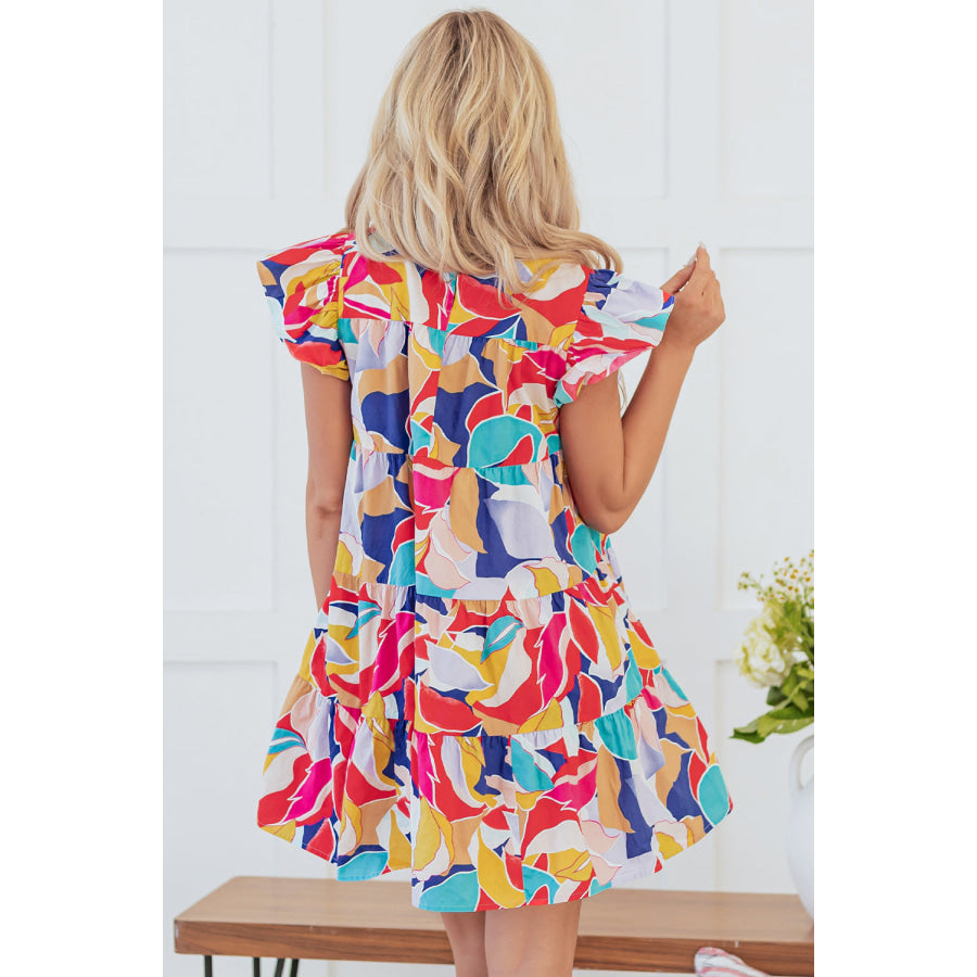 Pink Abstract Printed Ruffled Flutter Sleeve Tiered Mini Dress Dresses/Mini Dresses