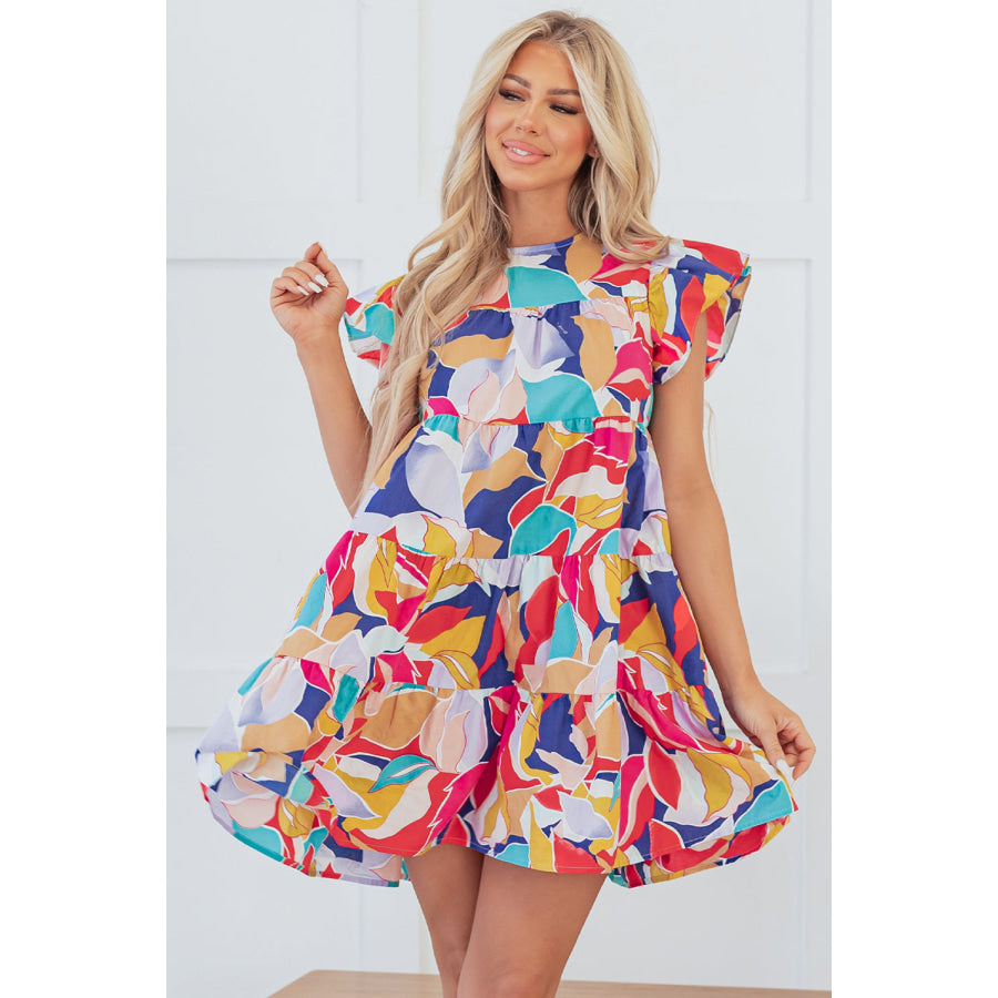 Pink Abstract Printed Ruffled Flutter Sleeve Tiered Mini Dress Pink / S / 100% Cotton Dresses/Mini Dresses