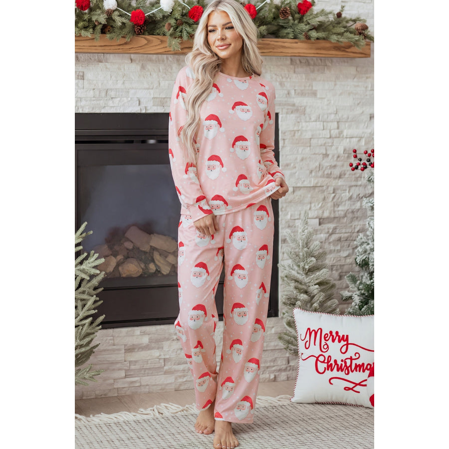 Pink Abstract Santa Pattern Long Sleeve Two Piece Shift Lounge Set Loungewear & Sleepwear/Loungewear