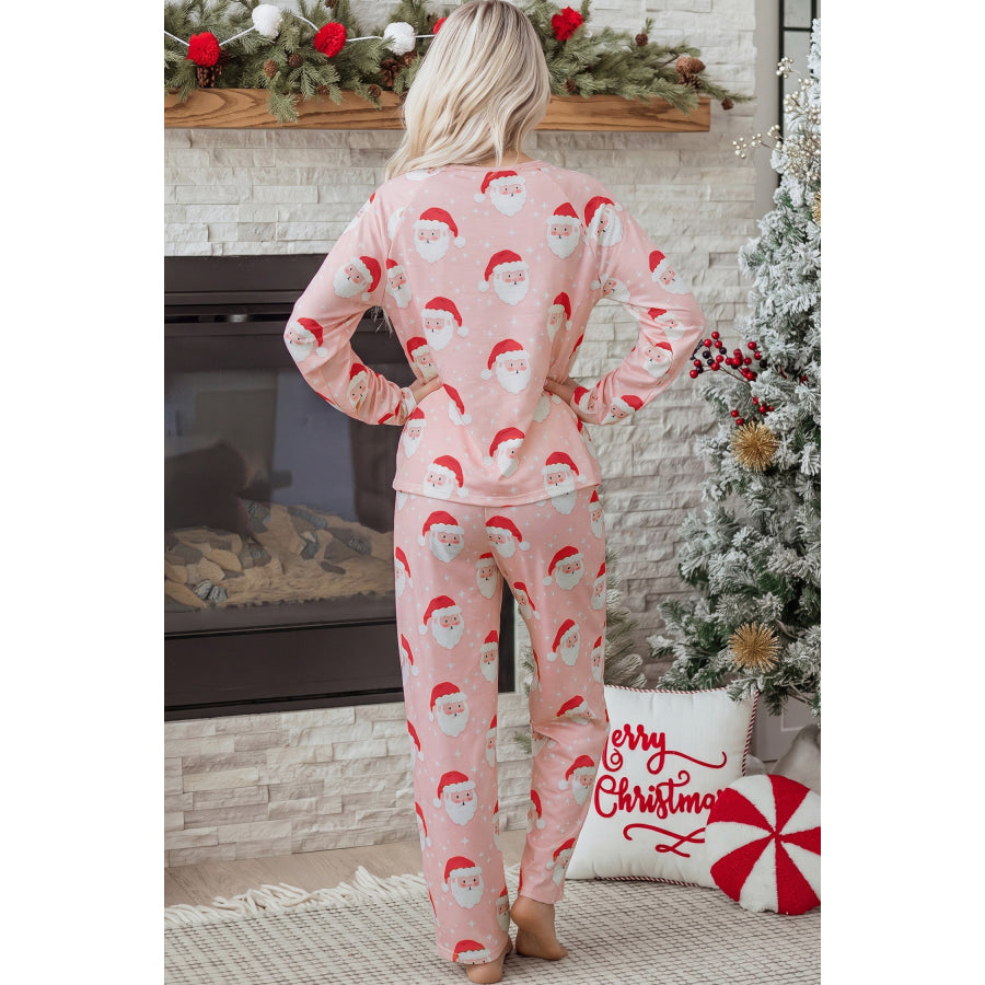 Pink Abstract Santa Pattern Long Sleeve Two Piece Shift Lounge Set / S / 95% Polyester + 5% Elastane Loungewear & Sleepwear/Loungewear