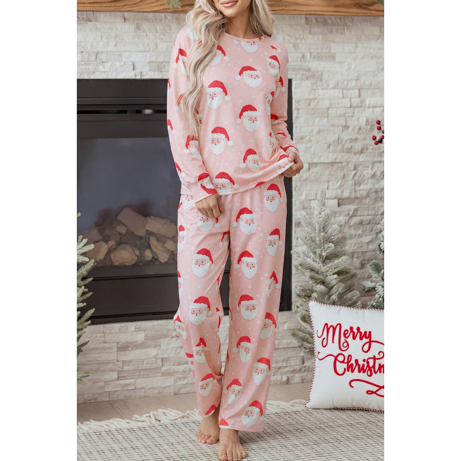 Pink Abstract Santa Pattern Long Sleeve Two Piece Shift Lounge Set / S / 95% Polyester + 5% Elastane Loungewear & Sleepwear/Loungewear