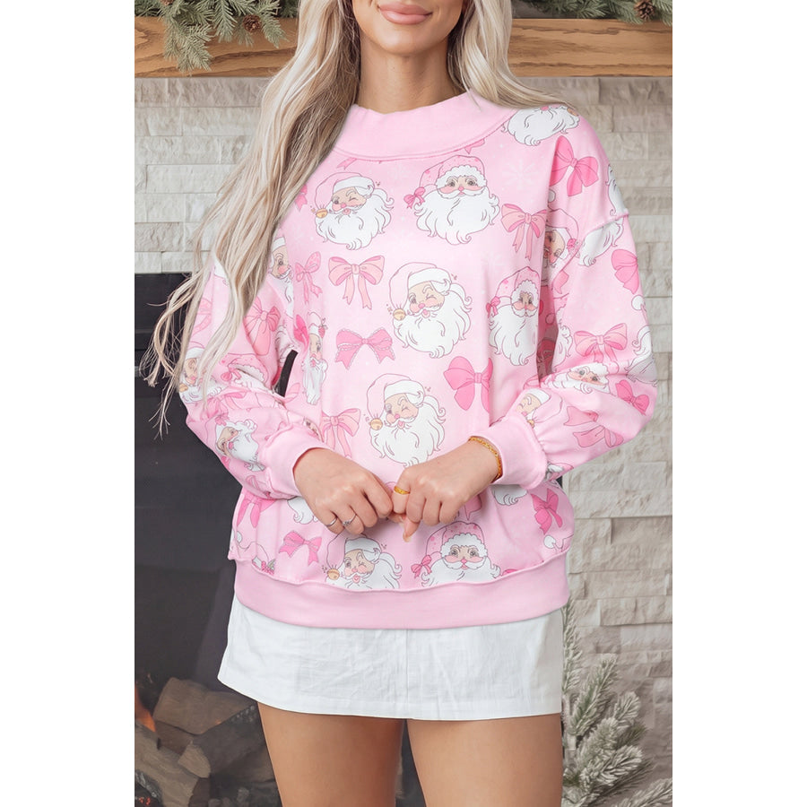 Pink Abstract Santa Print Drop Shoulder High Neck Sweatshirt / S / 100% Polyester Tops/Sweatshirts & Hoodies