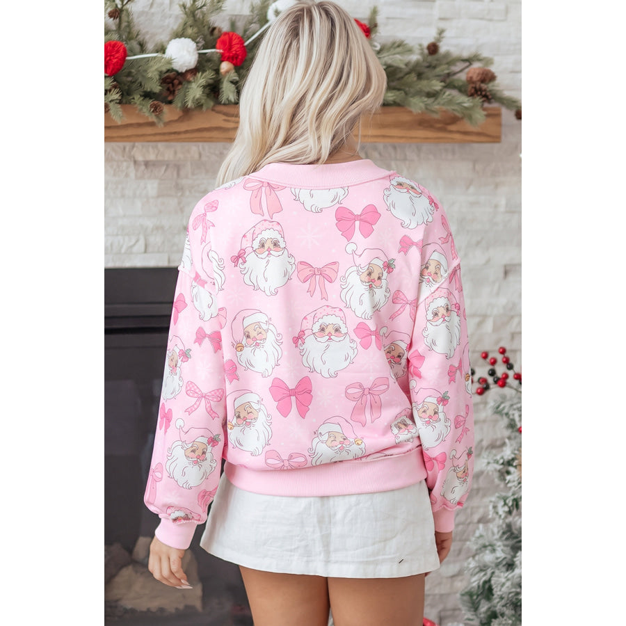 Pink Abstract Santa Print Drop Shoulder High Neck Sweatshirt Tops/Sweatshirts & Hoodies