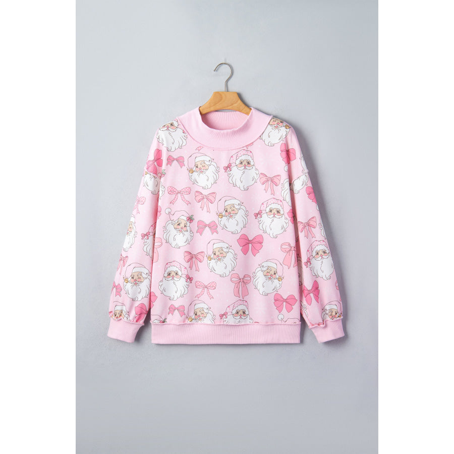Pink Abstract Santa Print Drop Shoulder High Neck Sweatshirt Tops/Sweatshirts & Hoodies