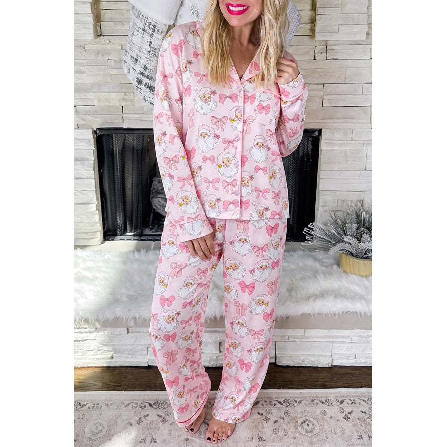 Pink Abstract Santa Print Long Sleeve Full-Length 2Pcs Lounge Set Loungewear & Sleepwear/Loungewear