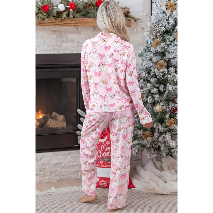 Pink Abstract Santa Print Long Sleeve Full-Length 2Pcs Lounge Set Loungewear & Sleepwear/Loungewear