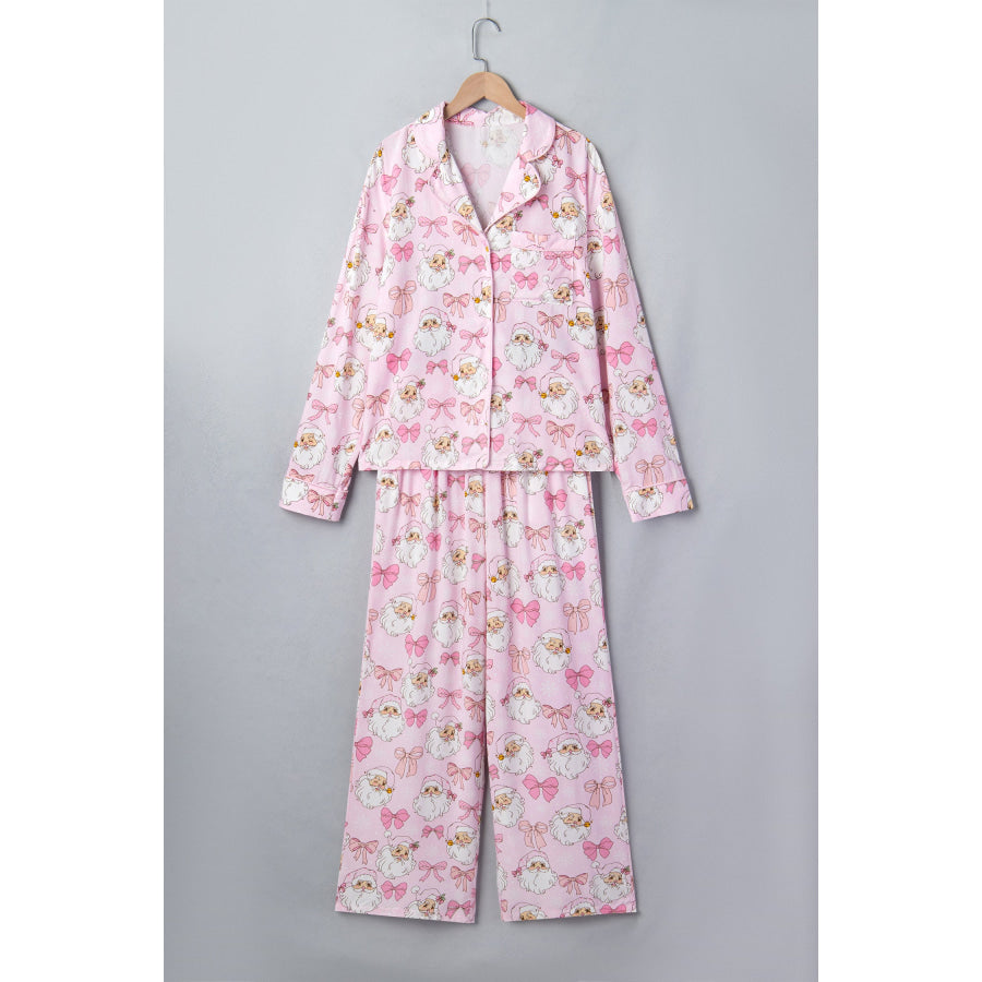 Pink Abstract Santa Print Long Sleeve Full-Length 2Pcs Lounge Set Loungewear & Sleepwear/Loungewear