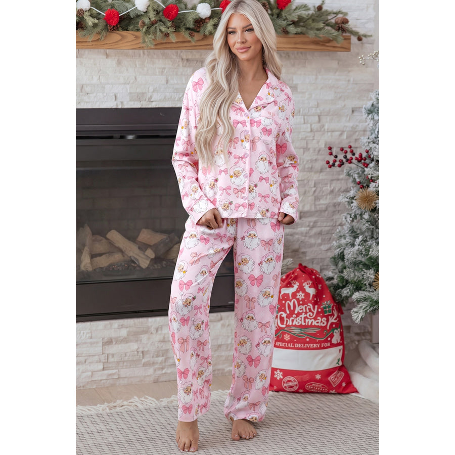 Pink Abstract Santa Print Long Sleeve Full-Length 2Pcs Lounge Set Pink / S / 100% Viscose Loungewear & Sleepwear/Loungewear