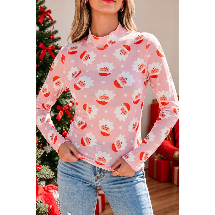 Pink Abstract Santa Print Stand Neck Sheath Long Sleeve Top Pink / S / 95% Polyester + 5% Elastane Tops/Long Sleeve Tops