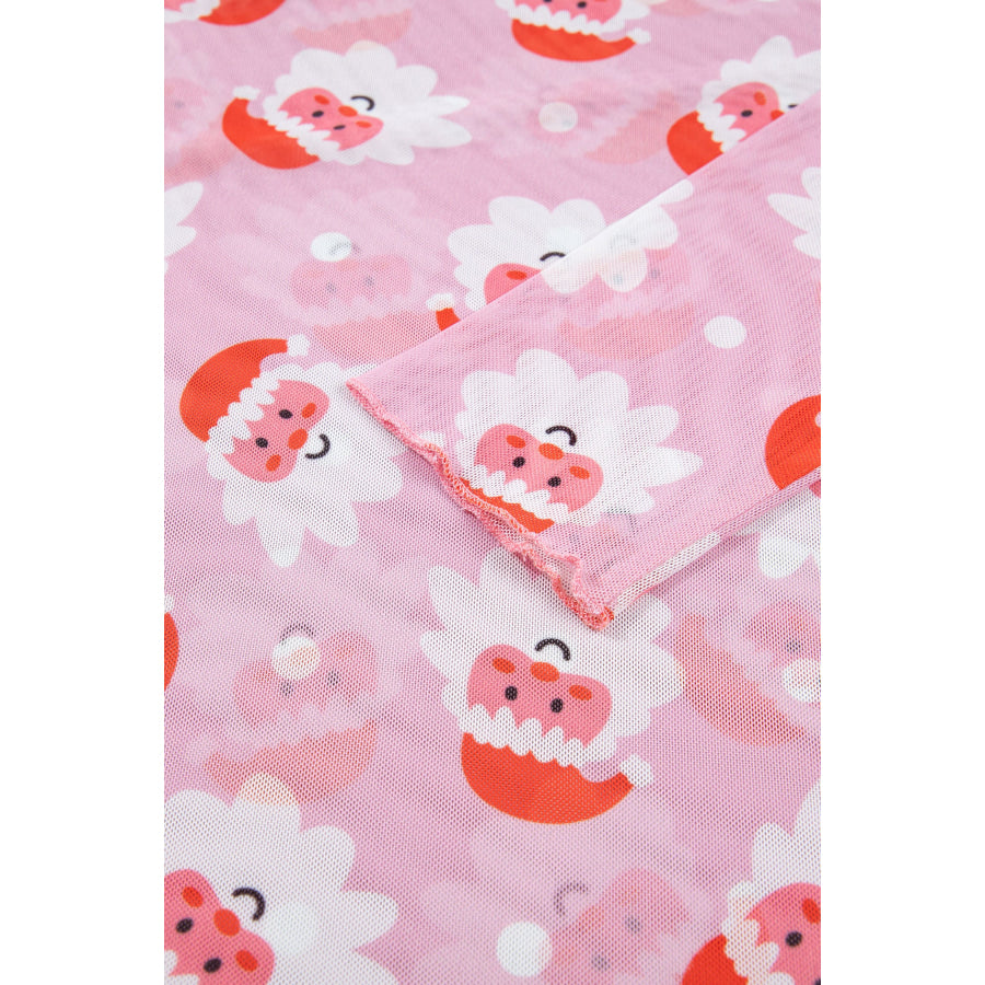 Pink Abstract Santa Print Stand Neck Sheath Long Sleeve Top Tops/Long Sleeve Tops