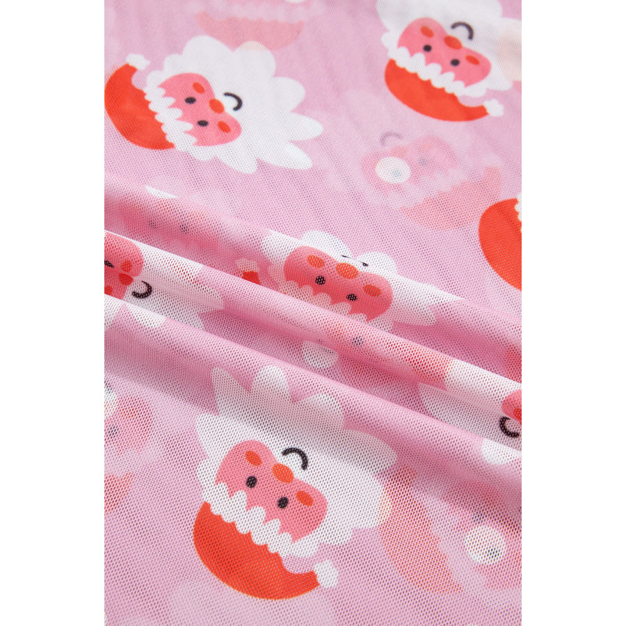 Pink Abstract Santa Print Stand Neck Sheath Long Sleeve Top Tops/Long Sleeve Tops