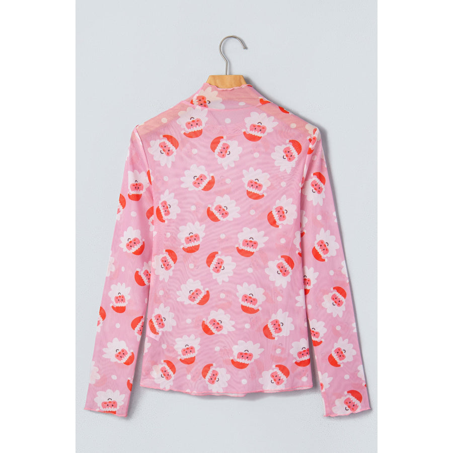 Pink Abstract Santa Print Stand Neck Sheath Long Sleeve Top Tops/Long Sleeve Tops