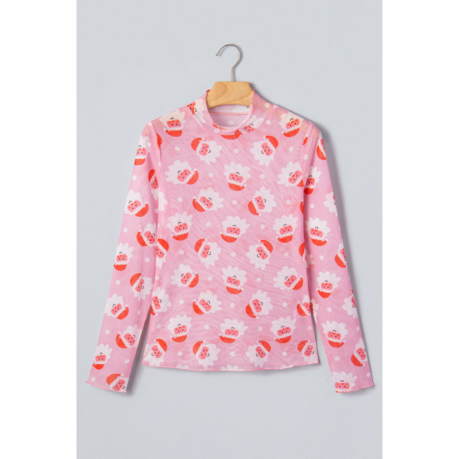 Pink Abstract Santa Print Stand Neck Sheath Long Sleeve Top Tops/Long Sleeve Tops