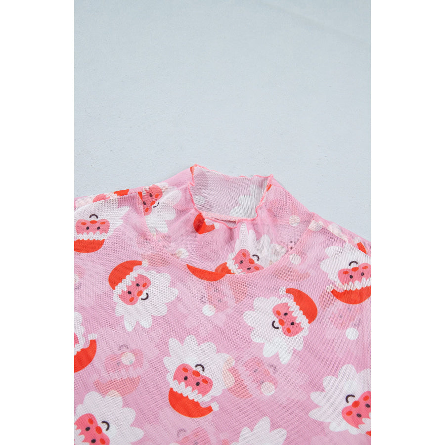 Pink Abstract Santa Print Stand Neck Sheath Long Sleeve Top Tops/Long Sleeve Tops
