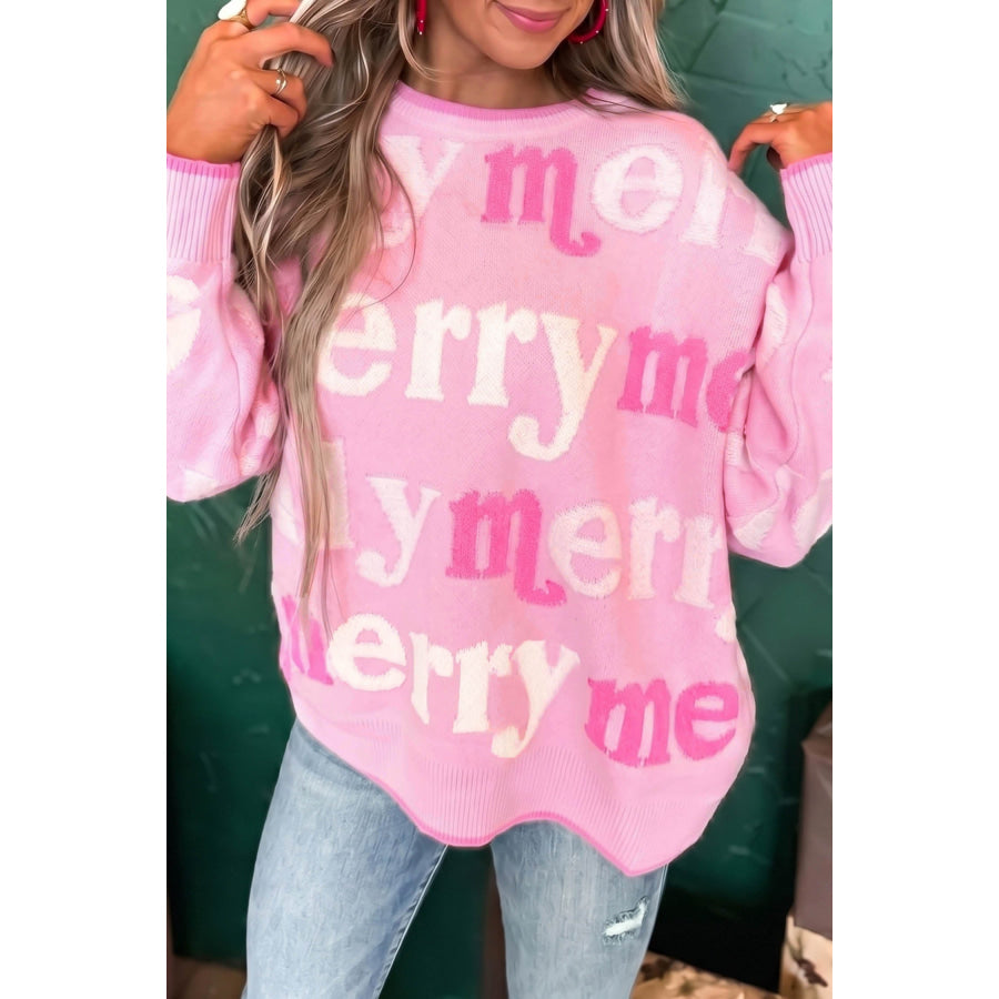 Pink All Over Merry Me Graphic Round Neck Knit Sweater Pink / S Sweaters & Cardigans/Sweaters