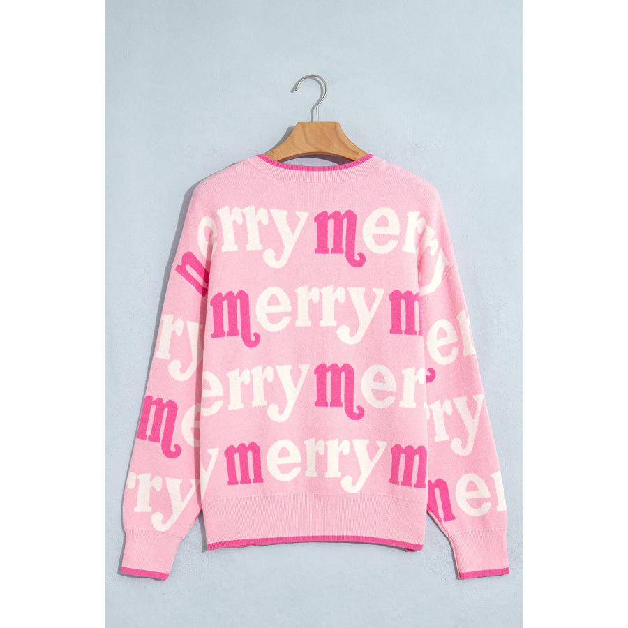 Pink All Over Merry Me Graphic Round Neck Knit Sweater Sweaters & Cardigans/Sweaters
