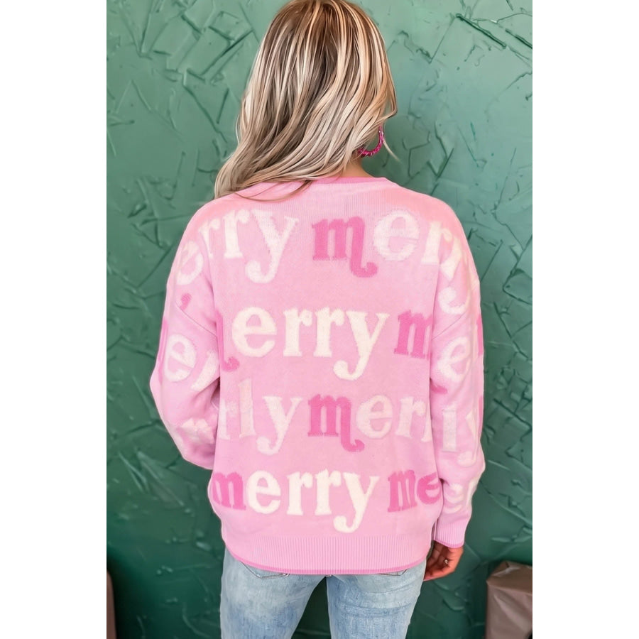 Pink All Over Merry Me Graphic Round Neck Knit Sweater Sweaters & Cardigans/Sweaters