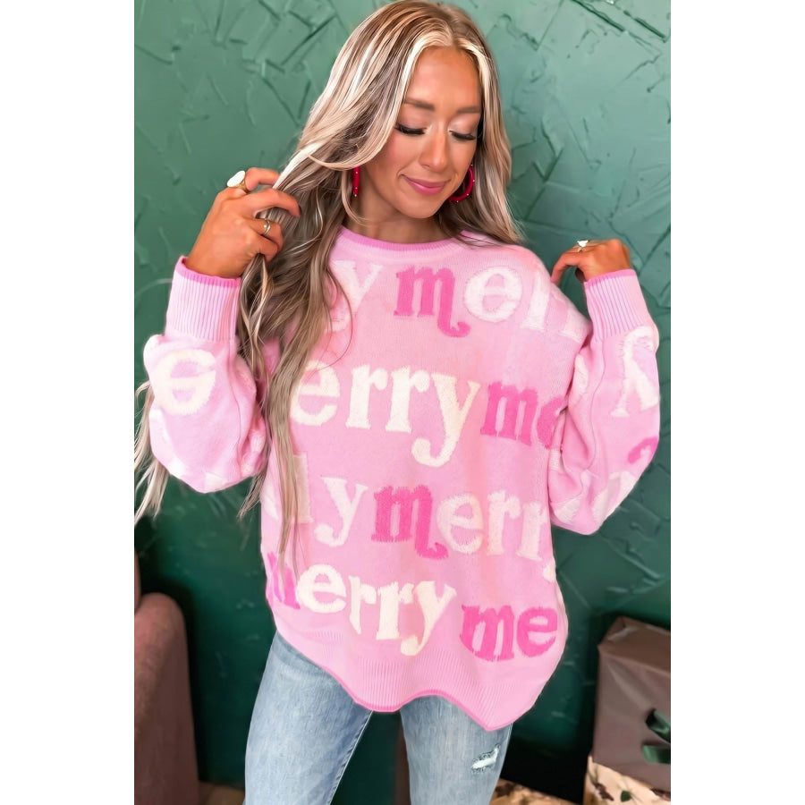 Pink All Over Merry Me Graphic Round Neck Knit Sweater Sweaters & Cardigans/Sweaters