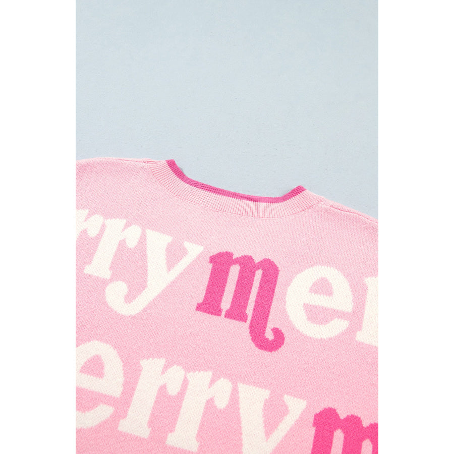 Pink All Over Merry Me Graphic Round Neck Knit Sweater Sweaters & Cardigans/Sweaters