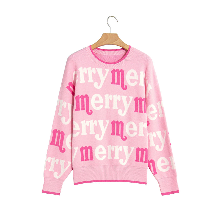 Pink All Over Merry Me Graphic Round Neck Knit Sweater Sweaters & Cardigans/Sweaters