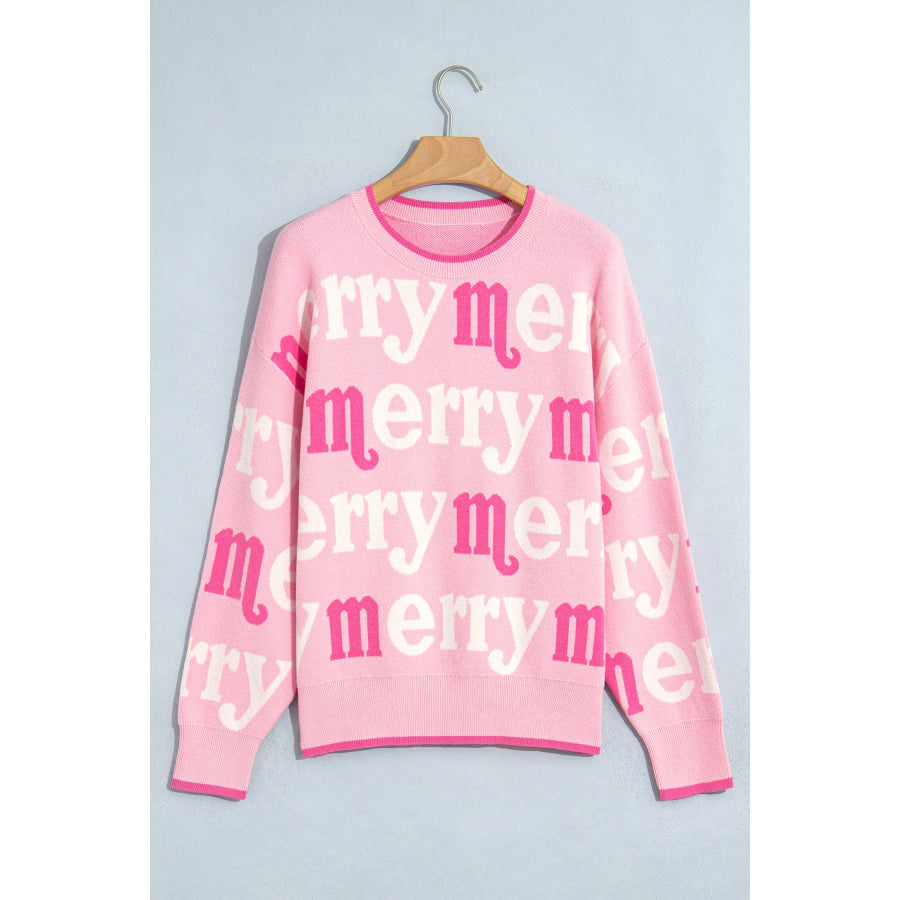 Pink All Over Merry Me Graphic Round Neck Knit Sweater Sweaters & Cardigans/Sweaters