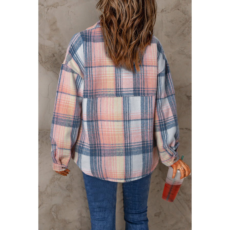 Pink Black/Pink Plaid Flap Pockets Shacket Pink / S / 100% Polyester Outerwear/Plaid Shackets