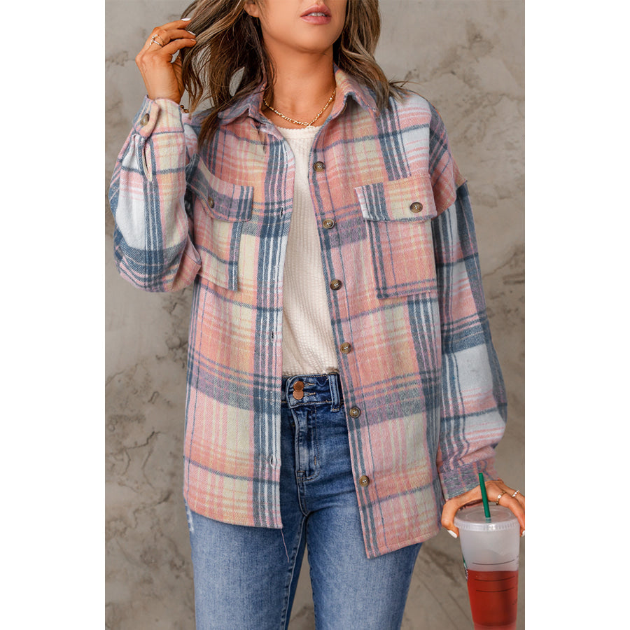 Pink Black/Pink Plaid Flap Pockets Shacket Pink / S / 100% Polyester Outerwear/Plaid Shackets