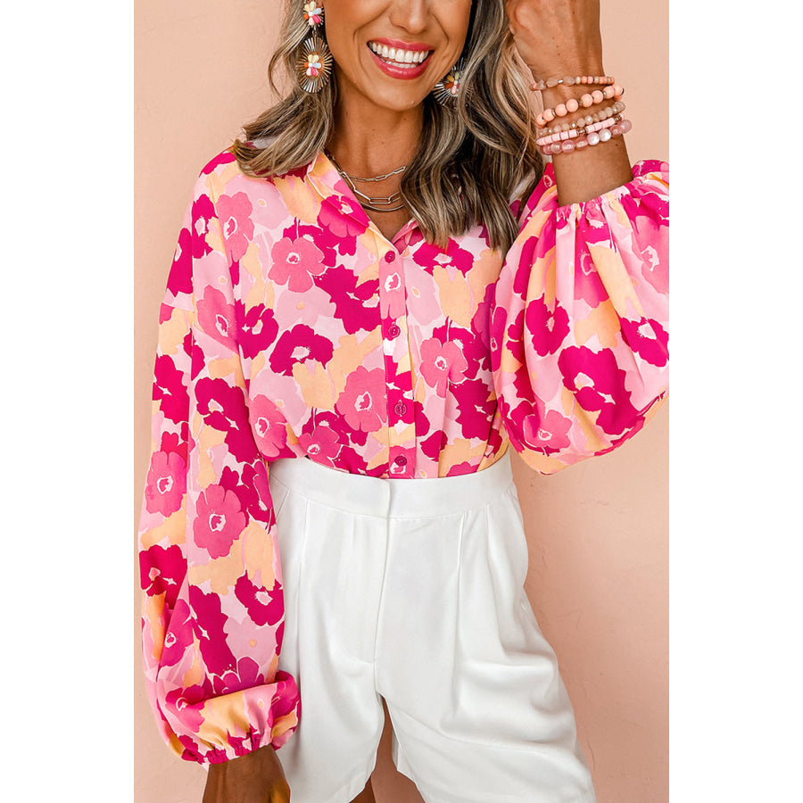 Pink Blooming Floral Print Puff Sleeve Buttoned Shirt Pink / S / 100% Polyester Tops/Blouses & Shirts