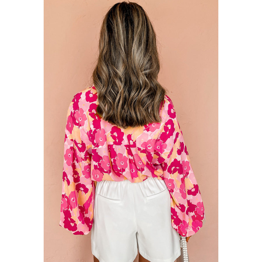 Pink Blooming Floral Print Puff Sleeve Buttoned Shirt Tops/Blouses & Shirts