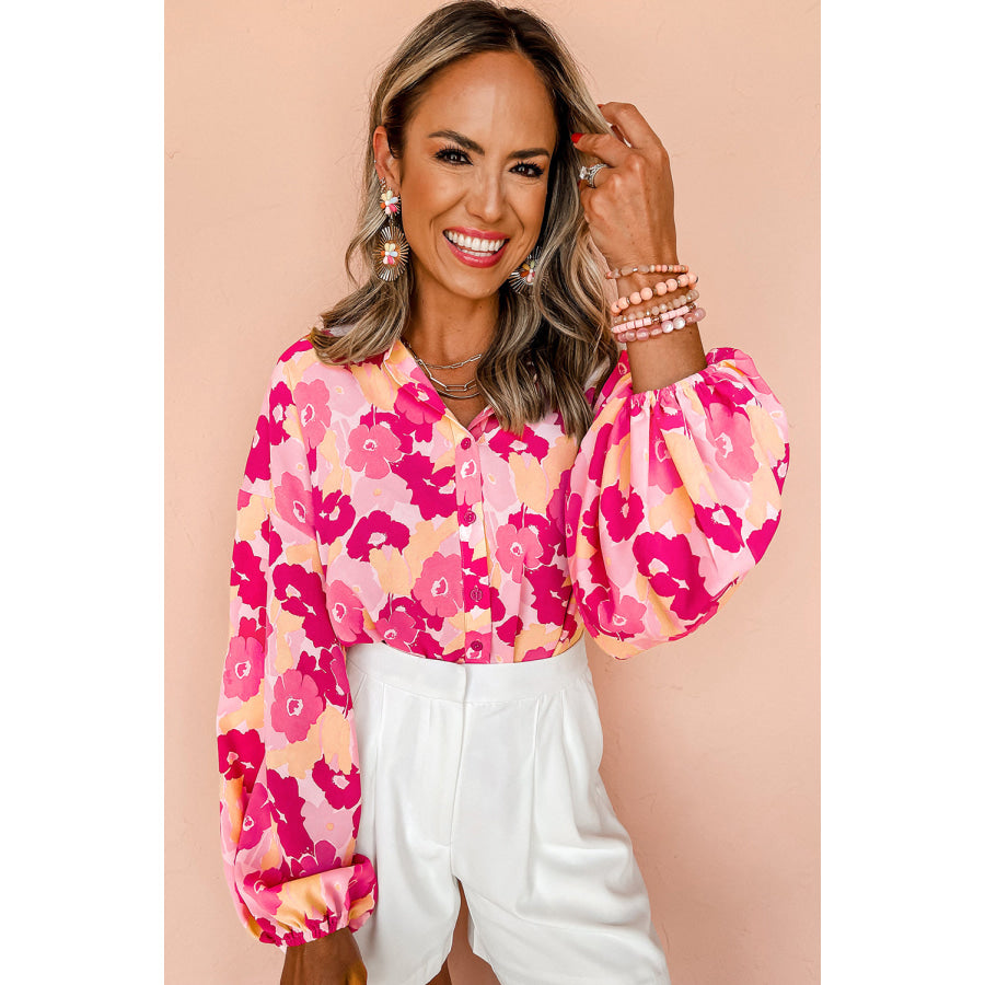 Pink Blooming Floral Print Puff Sleeve Buttoned Shirt Tops/Blouses & Shirts