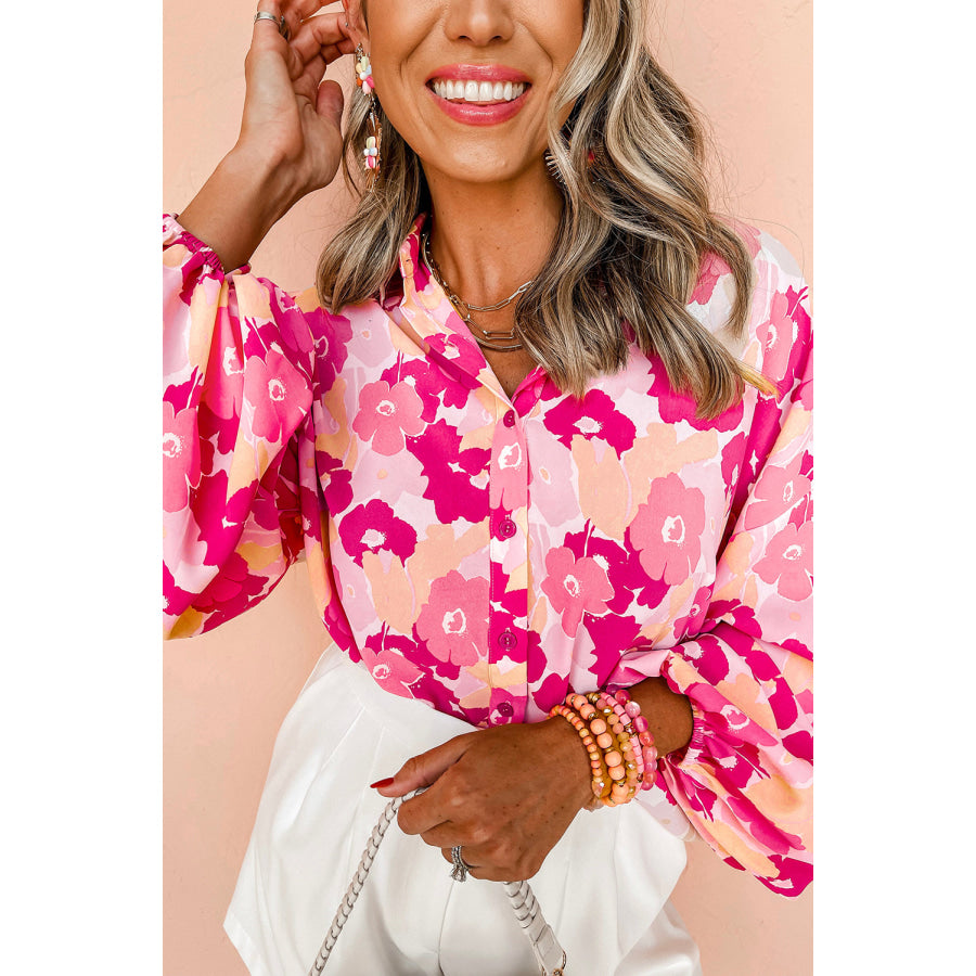 Pink Blooming Floral Print Puff Sleeve Buttoned Shirt Tops/Blouses & Shirts