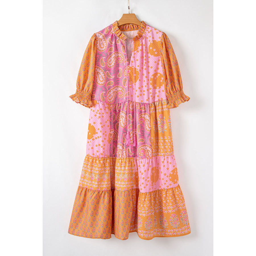 Pink Boho Paisley Floral Mixed Patchwork Tassel Tie Plus Size Midi Dress Pink / 1X / 100% Polyester Plus Size/Plus Size Dresses/Plus Size