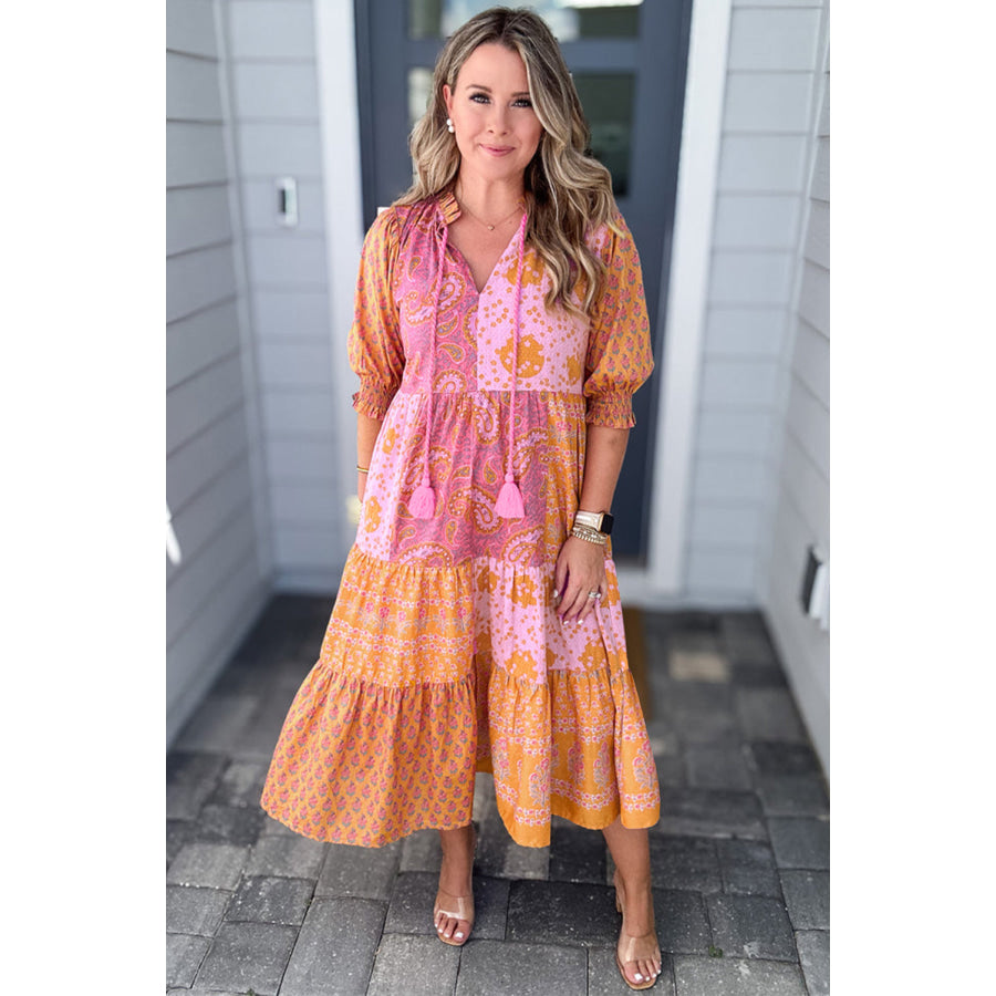 Pink Boho Paisley Floral Mixed Patchwork Tassel Tie Plus Size Midi Dress Plus Size/Plus Size Dresses/Plus Size Maxi Dresses