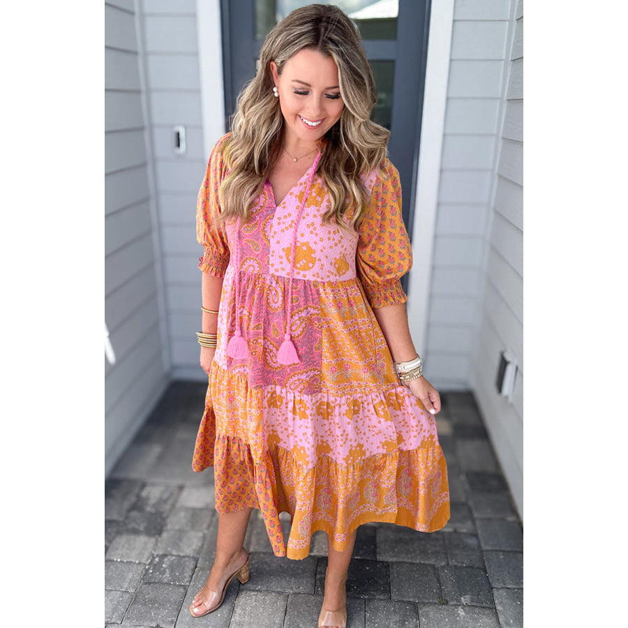 Pink Boho Paisley Floral Mixed Patchwork Tassel Tie Plus Size Midi Dress Plus Size/Plus Size Dresses/Plus Size Maxi Dresses