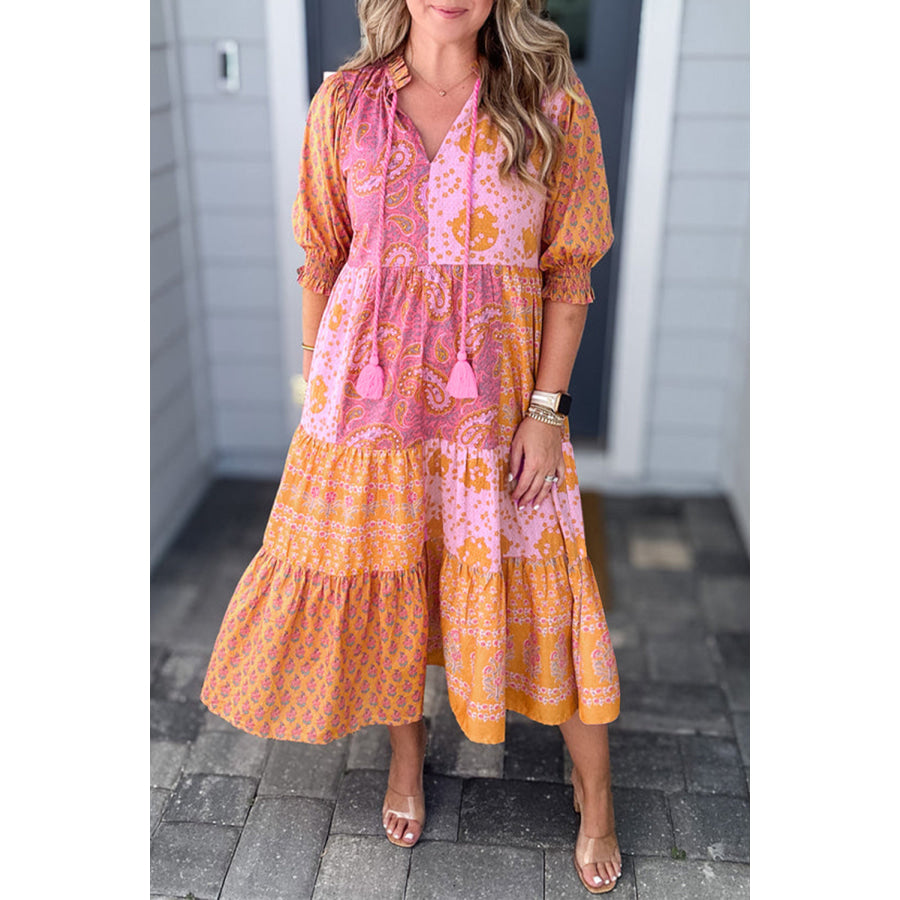 Pink Boho Paisley Floral Mixed Patchwork Tassel Tie Plus Size Midi Dress Plus Size/Plus Size Dresses/Plus Size Maxi Dresses