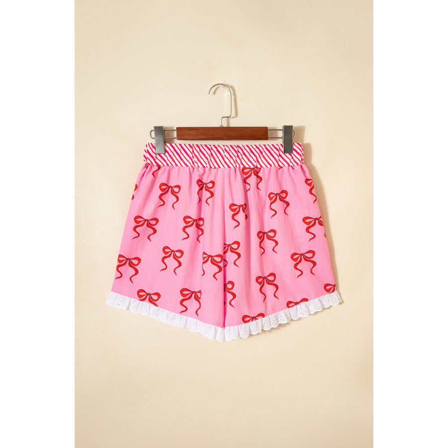 Pink Bow Print Striped Patchwork Elastic Waist Lace Trim Loose Shorts Bottoms/Casual Shorts