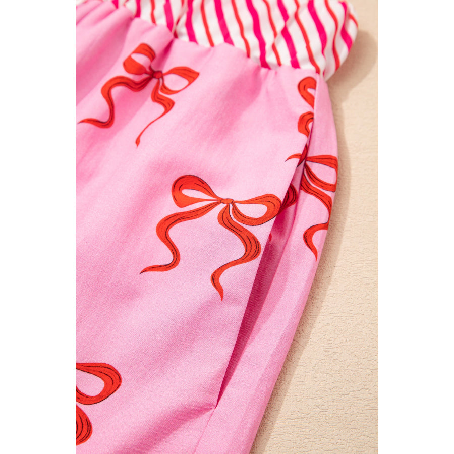 Pink Bow Print Striped Patchwork Elastic Waist Lace Trim Loose Shorts Bottoms/Casual Shorts