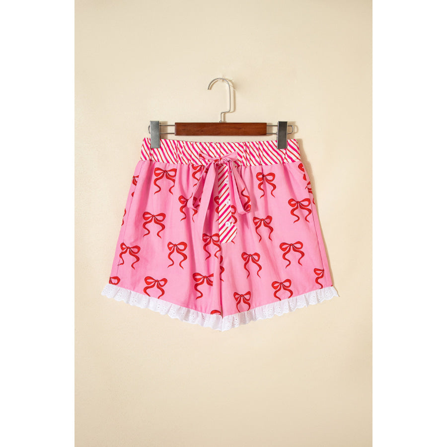 Pink Bow Print Striped Patchwork Elastic Waist Lace Trim Loose Shorts Bottoms/Casual Shorts
