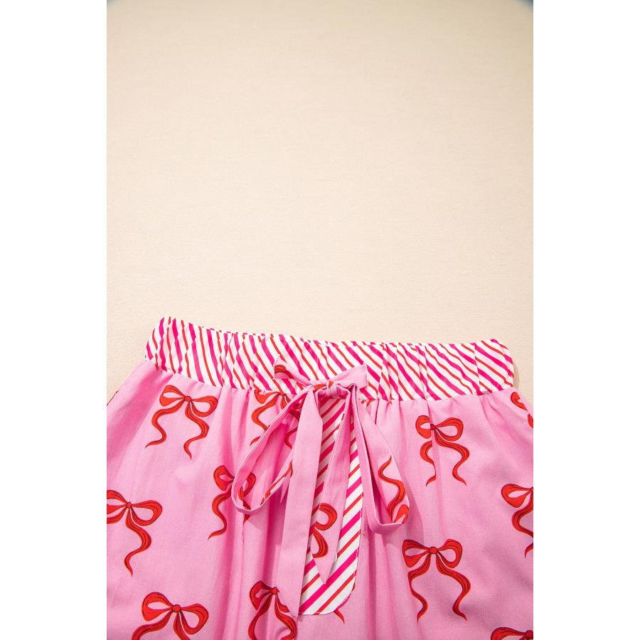 Pink Bow Print Striped Patchwork Elastic Waist Lace Trim Loose Shorts Bottoms/Casual Shorts
