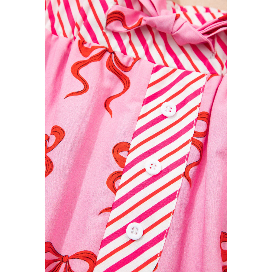 Pink Bow Print Striped Patchwork Elastic Waist Lace Trim Loose Shorts Bottoms/Casual Shorts