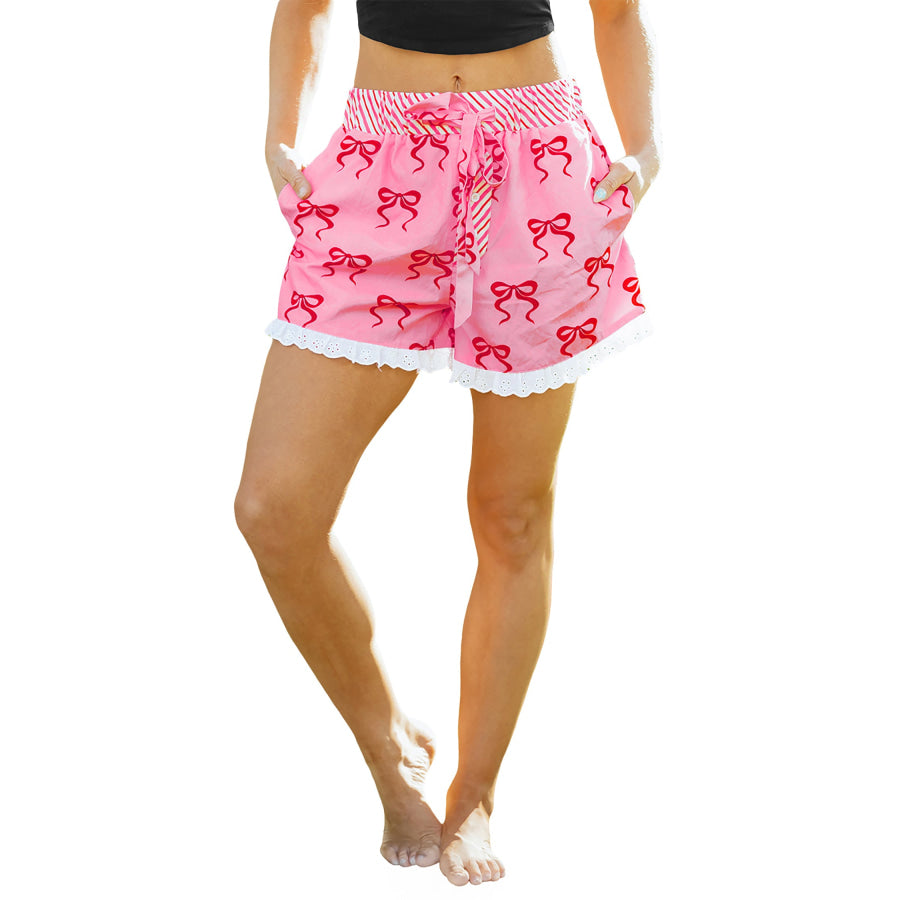Pink Bow Print Striped Patchwork Elastic Waist Lace Trim Loose Shorts Bottoms/Casual Shorts