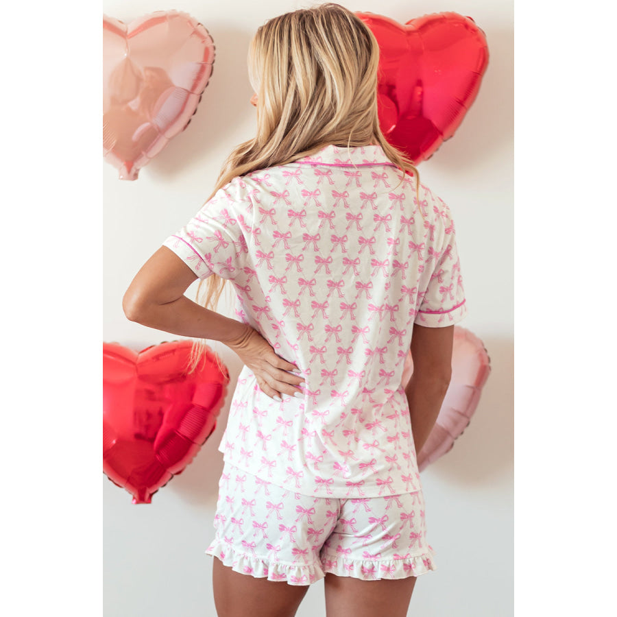 Pink Bowknot Printed Short Sleeve and Ruffled Shorts Valentines Pajama Set Pink / S / 95% Polyester + 5% Elastane Loungewear &