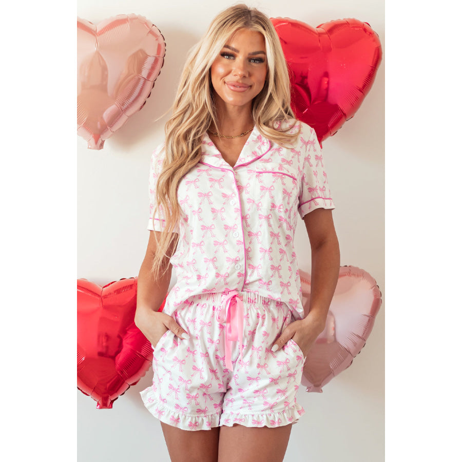 Pink Bowknot Printed Short Sleeve and Ruffled Shorts Valentines Pajama Set Pink / S / 95% Polyester + 5% Elastane Loungewear &amp;