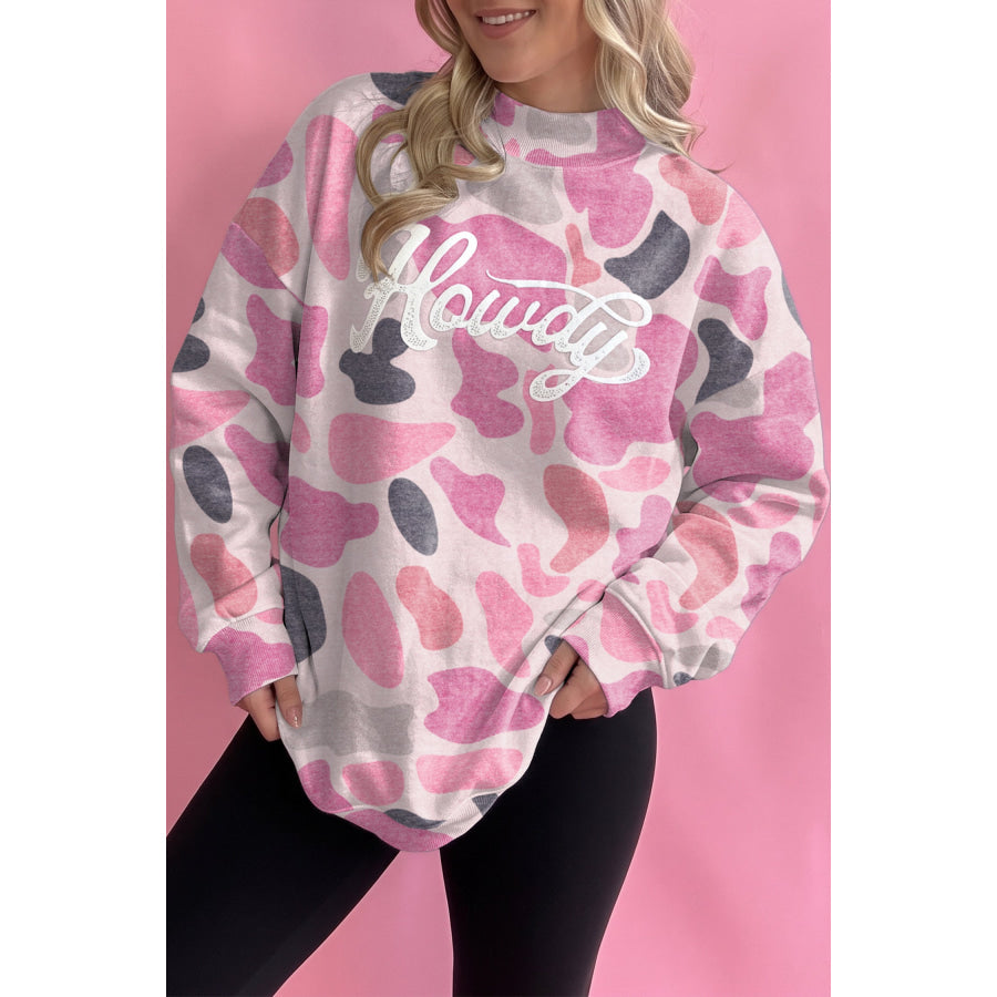Pink Camo Print Howdy Western Style Baggy Pullover Sweatshirt / S / 100% Polyester Tops/Sweatshirts & Hoodies