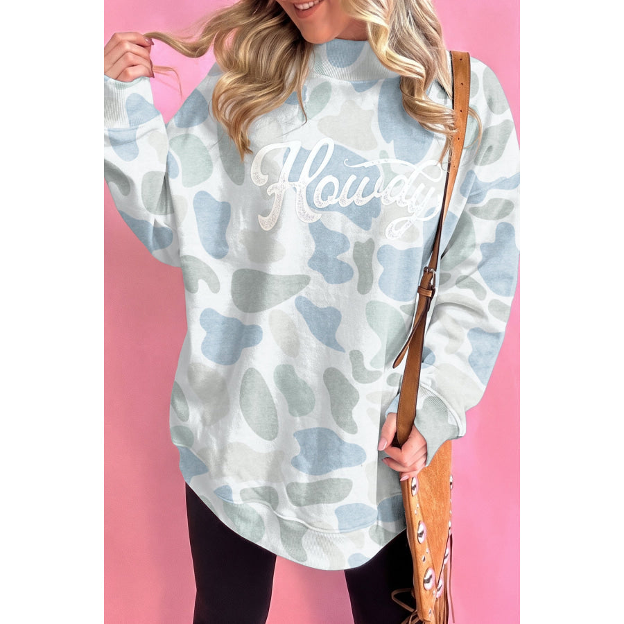 Pink Camo Print Howdy Western Style Baggy Pullover Sweatshirt Sky Blue / S / 100% Polyester Tops/Sweatshirts & Hoodies