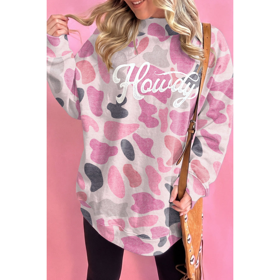 Pink Camo Print Howdy Western Style Baggy Pullover Sweatshirt / S / 100% Polyester Tops/Sweatshirts & Hoodies