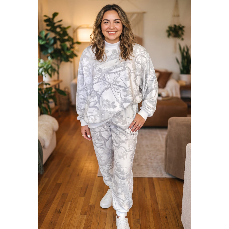 Pink Camouflage Print Stand Neck Long Sleeve Regular Fit Plus Size Set Size/Plus Loungewear