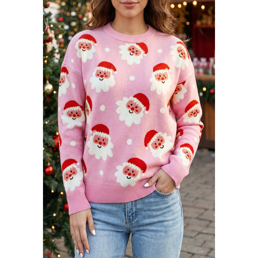 Pink Cartoon Santa Pattern Round Neck Dropped Shoulder Sweater Pink / S / 52% Viscose + 26% Polyester + 22% Polyamide Sweaters &