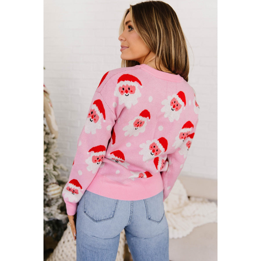Pink Cartoon Santa Pattern Round Neck Dropped Shoulder Sweater Sweaters & Cardigans/Sweaters